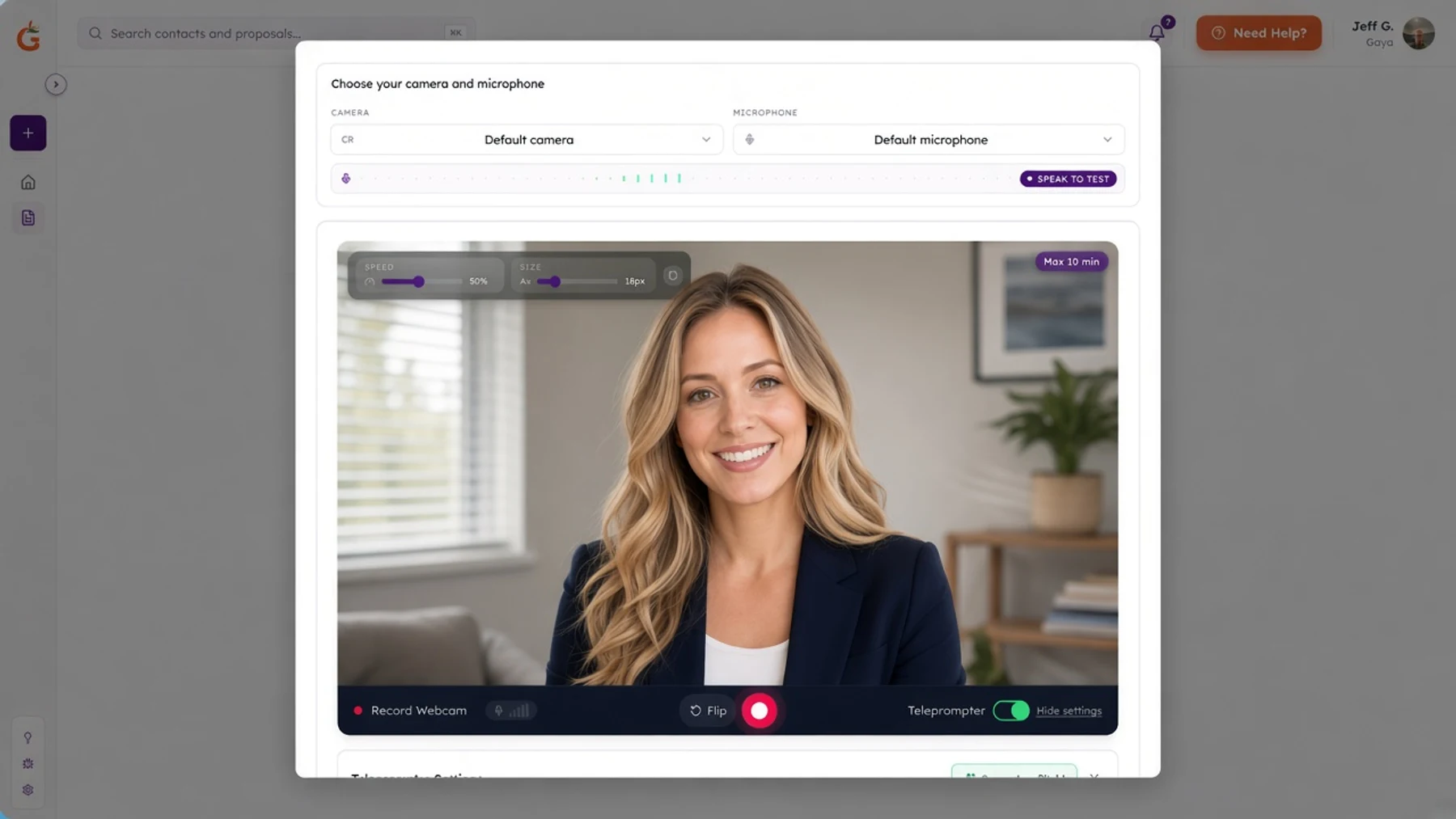 Proposal wizard: record a personal webcam video with teleprompter for the proposal