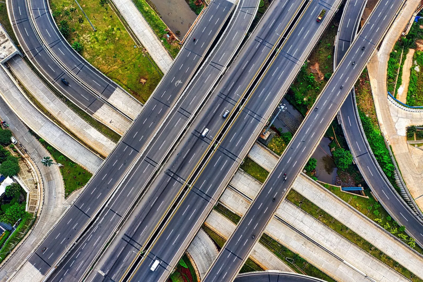 An aerial view of a multi-level highway interchange