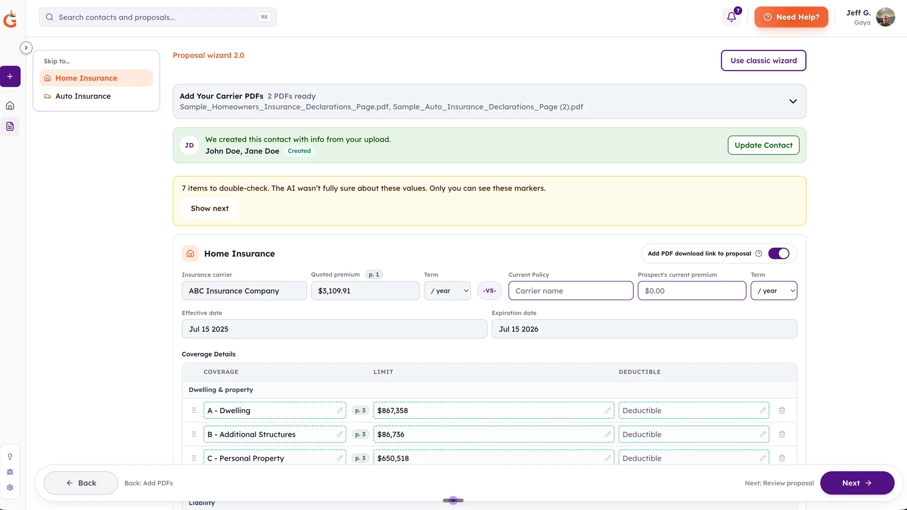 Proposal wizard: review extracted home insurance coverages, premiums, and AI double-check markers
